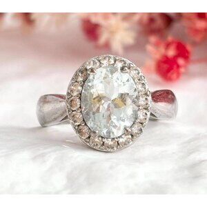 CZ Gemstone Framed Halo Style Sterling Silver 925 Jewelry Vintage Ring - sz 7.75